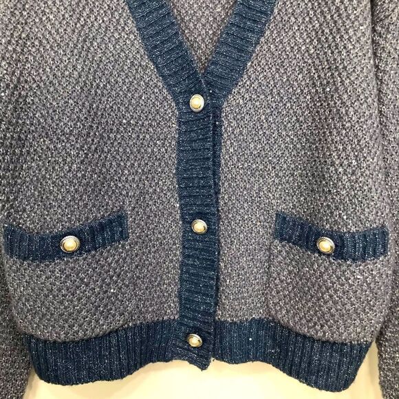 Lauren Conrad Dusty Blue Silver Sparkle V Neck Pearl Button Up Holiday Cardigan - Picture 7 of 16
